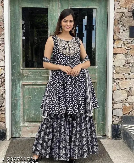 Dark blue rayon printed sleeveless short designer kameez with dupatta set