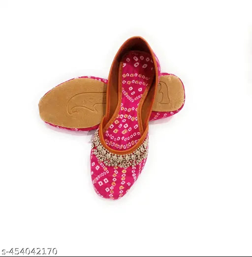 Synthetic Chundri pink slip-on jutti with beautiful embroidery, comfortable and stylish ethnic footwear for women. Available in various sizes from IND-4 to IND-9. Made in India