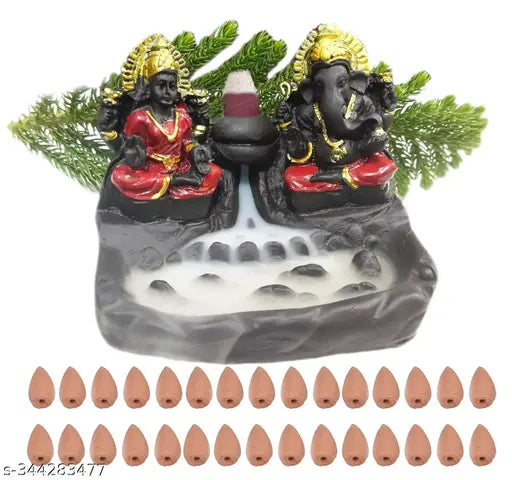 Resin Laxmi Ganesh Smoke Fountain Murti for home office, features 30 back flow incense cones. Handcrafted Indian art piece with a smokey waterfall effect