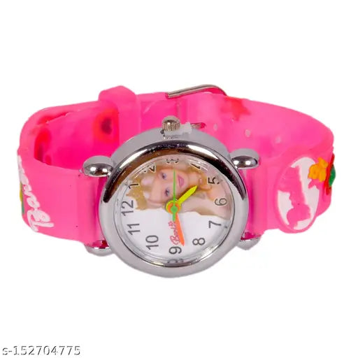 Pink plastic watch with a girl's face on the strap and the time displayed at 9:45