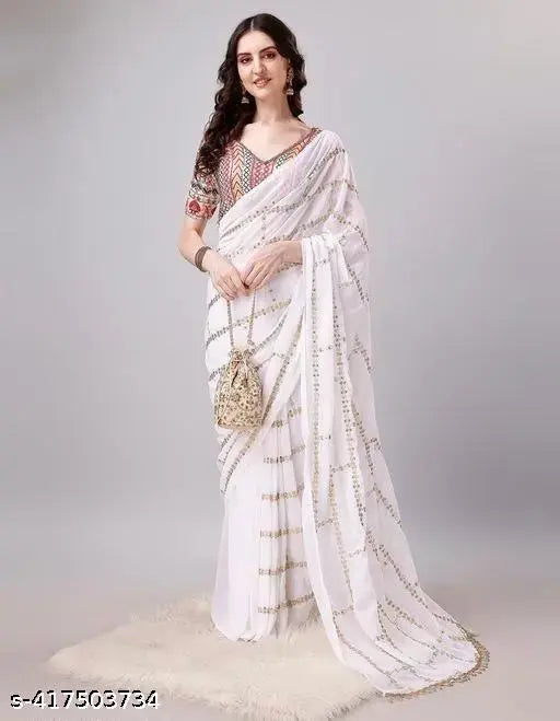 White georgette saree with sequin detailing