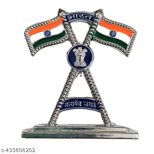 Silver-plated national flag metal, ideal for car dashboards, home decor, office rooms, and return gifts. Indian crafted patriotic showpiece