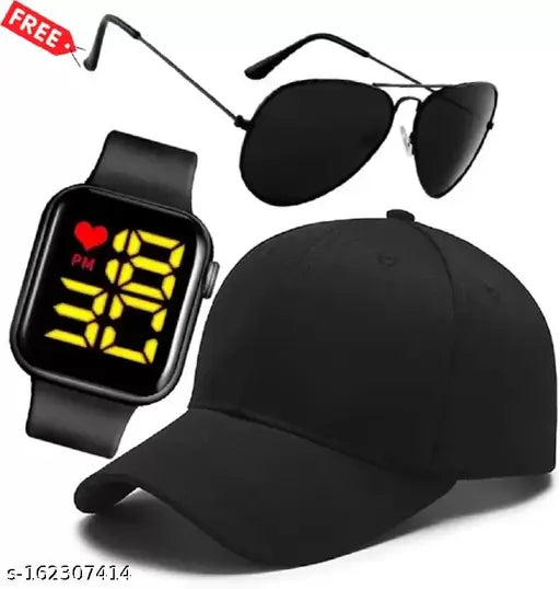 Black cotton baseball cap combo with digital watch and black aviator sunglasses for men and boys - sporty self-design, Indian origin