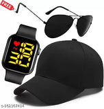 Black cotton baseball cap combo with digital watch and black aviator sunglasses for men and boys - sporty self-design, Indian origin