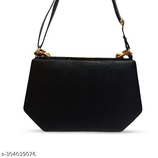 Black leather sling bag with a zip closure, featuring a unique geometric design and adjustable strap