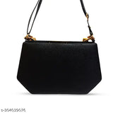 Black leather sling bag with a zip closure, featuring a unique geometric design and adjustable strap
