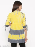 Yellow & grey tie-dye printed 60s Cambric tunic with sleeves (tie-up tops) - stylish ethnic wear in soft colors, Indian origin