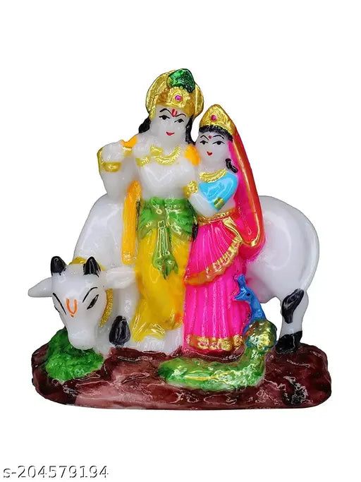 Antique finish Radha Krishna cow sculpture, premium polystone, exquisite craftsmanship. This Indian-made decor piece showcases divine love symbolism, perfect for home or office