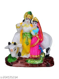 Antique finish Radha Krishna cow sculpture, premium polystone, exquisite craftsmanship. This Indian-made decor piece showcases divine love symbolism, perfect for home or office