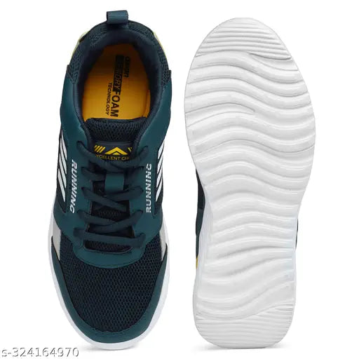 Black and white sports shoe with blue detailing