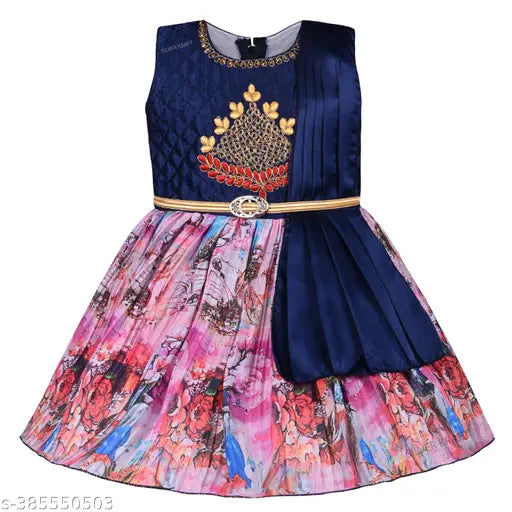 Silver satin floral print knee-length dress for baby girls (fe3249nb), navy blue and pink palette, embellished yoke, attached dupatta, belted finish