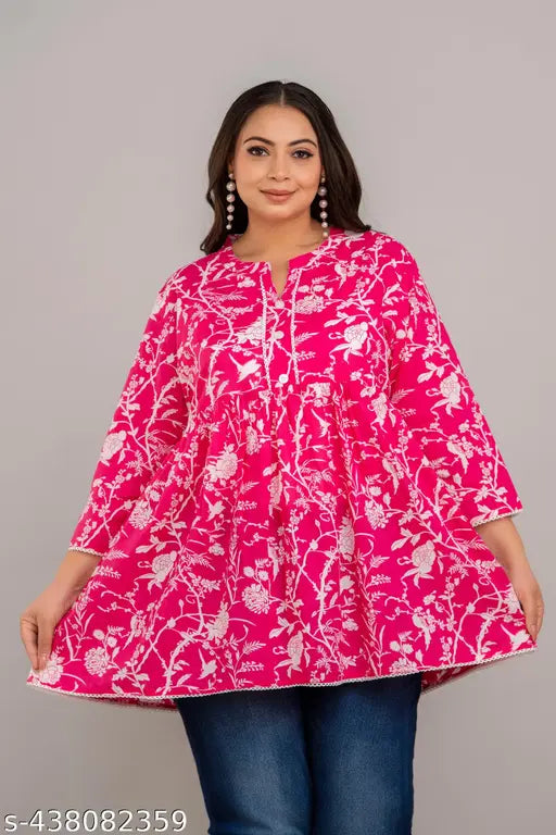 Plus size rayon pink short kurti, printed with trendy design for comfortable wear in various sizes from XXXL to 8XL