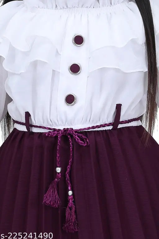 Maroon-white chiffon full sleeve party dress for girls, adorned with decorative buttons and an attached belt