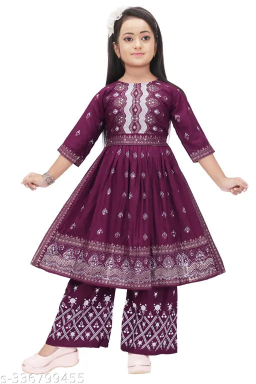 Maroon rayon kid's Naira Cut Kurta set with palazzo bottoms, vibrant print and embroidery
