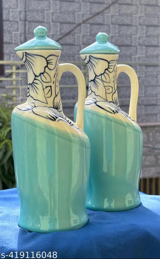 Kraftlik Ceramic Oil Dispenser with Lid, Handicrafts, Kitchen Appliance, Microwave Safe, Oil Bottle, 1 Litre