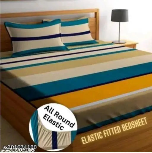 Striped cotton double fitted bedsheet with 2 pillow covers by Ashtosoh Enterprises, ideal for adult summers on an 8-inch mattress