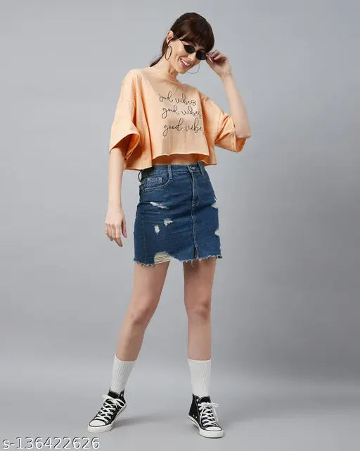 Light orange typographic oversized crop t-shirt by Chimpaaanzee for women, cotton, short sleeves, India