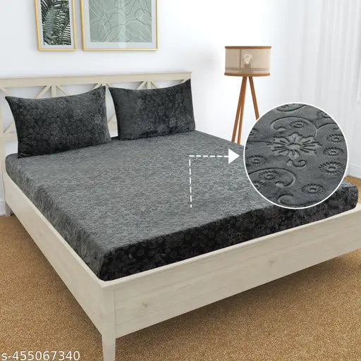Grey flannel fitted bedsheet (pack of 1), superfine Clovis Crafts woolen King, ethnically-motifed warm bedsheet for heavy winter use