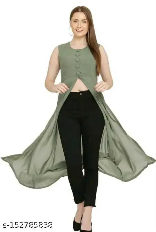 Green chiffon maxi-style open front kimono with black leggings, 102KURTIMEHNDI.