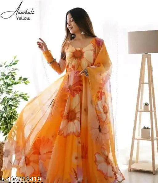 Georgette long-sleeve printed casual gown, women's formal wear for parties, Indian origin