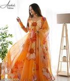 Georgette long-sleeve printed casual gown, women's formal wear for parties, Indian origin