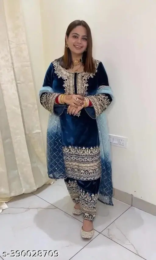 Heavy velvet viscose party wear with full sleeves, embroidered top and matching dupatta and stitched bottom