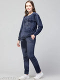 Navy Blue Velvet Winter Suit Set: Women's solid top & pyjama with elastic waist and side pockets, best for sleepwear, loungewear, and active wear