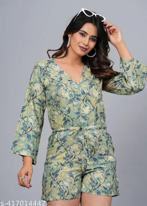 Green rayon printed jumpsuit with three-quarter sleeves, best quality fabric for women's fashion