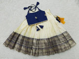 Kids baby girls blue jacquard lehenga choli, ready-made art silk lehenga with sleeveless woven design. Perfect for special occasions, easy to wear and comfortable. Made in India