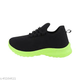 Black and green mesh sports shoes with yellow trim
