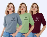 Trendy cotton blend puff sleeves t-shirts with net pattern, short sleeve length for women's fashion. Pack of 3 pieces in sizes S-XL, popular colors. Indian origin, premium quality tees