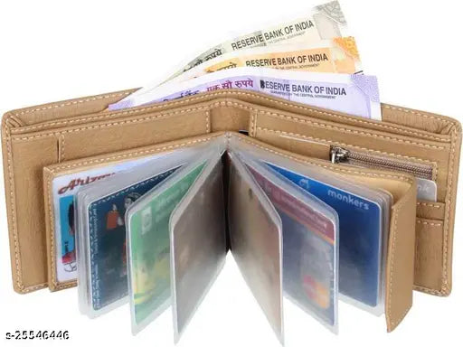 Beige faux leather bifold men's wallet with ID window, coin pocket, and multiple card slots. Compact, durable, and portable design for men's everyday use. High-quality Indian craftsmanship