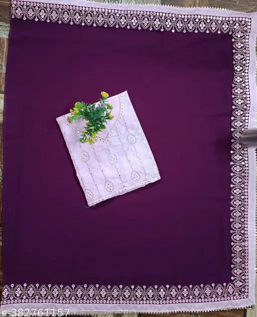 Purple embroidered fabric piece, lace sari and blouse