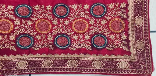 Embroidered Simmer Saree, red and orange dhaga, free size, Indian origin