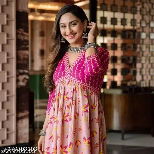 Rayon three-quarter sleeve printed Anarkali kurti for women's ethnic wear party gown, trendy and beautiful design by Gobya