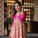 Rayon three-quarter sleeve printed Anarkali kurti for women's ethnic wear party gown, trendy and beautiful design by Gobya