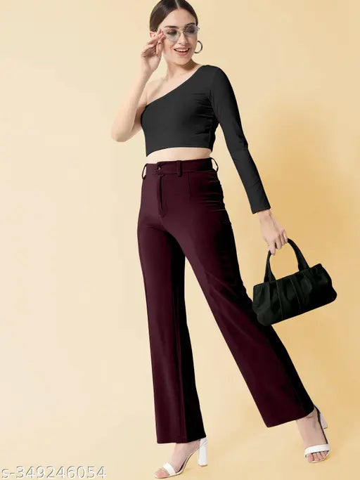 Maroon high-waist flared trousers with black top