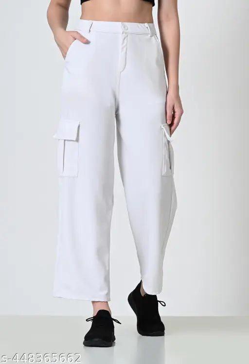 Trendy cotton blend white cargo pants for women & girls, solid pattern, perfect for casual or active wear