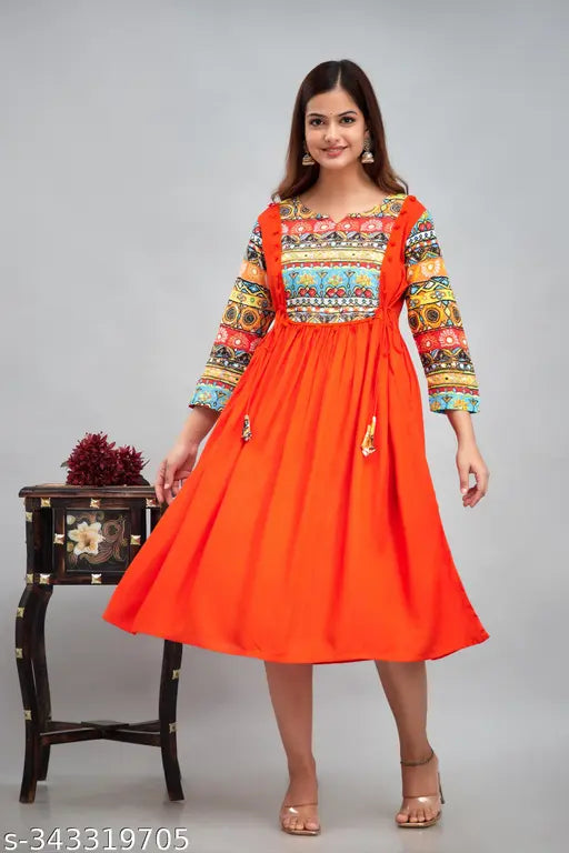 Orange traditional anarkali kameez with flared sleeves