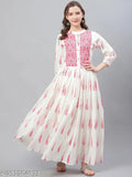 Off-white cotton Anarkali Kurta with pink floral print, ideal for parties and festivals. Single piece in size XS (bust 34", length 44"). Made in India