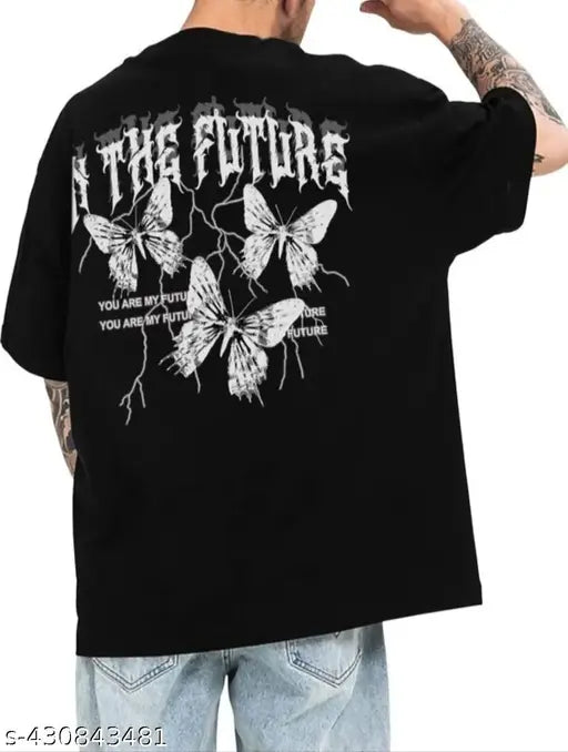 Sky Magic Men's Black Cotton T-shirt, printed front & back with three-quarter sleeves, soft, breathable, trendy, bio-washed cotton fabric, India origin