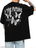Sky Magic Men's Black Cotton T-shirt, printed front & back with three-quarter sleeves, soft, breathable, trendy, bio-washed cotton fabric, India origin