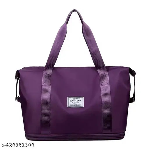 Purple canvas foldable travel duffel bag with large capacity, folding design, and waterproof feature