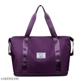 Purple canvas foldable travel duffel bag with large capacity, folding design, and waterproof feature