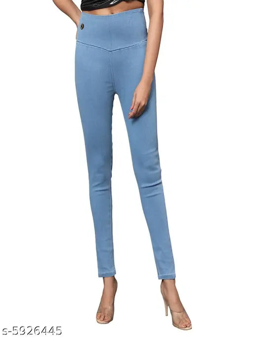 Denim skinny fit stretchable medium waist jeggings, solid black-skyblue for women (pack of 2)