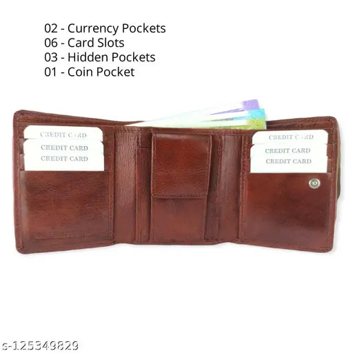 Tan leather trifold men's wallet by PAIJASH, featuring 6 card slots and 5 compartments. Solid design, free size (11cm x 10cm). Handcrafted in India