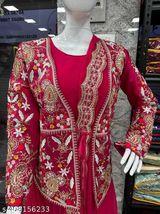 Silk party gown set with koti and dupatta, Indian designer fashion for formal events