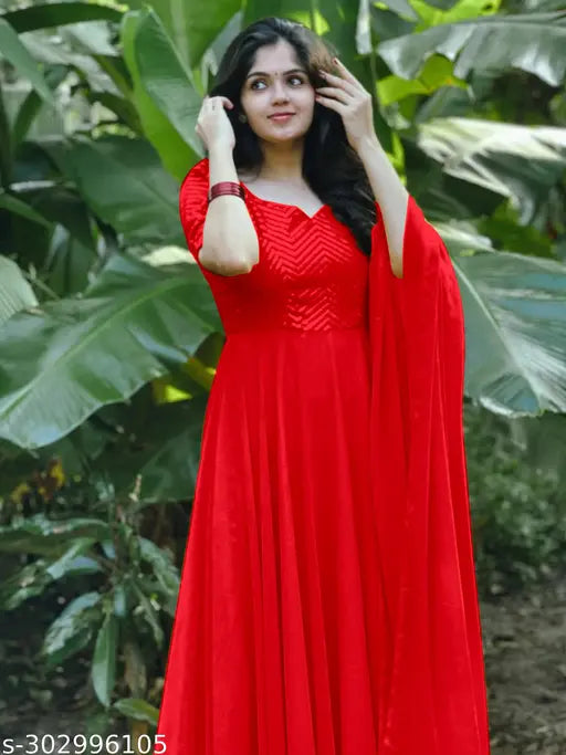Embroidered red Georgette VIDHI gown with matching dupatta, short sleeves, micro crepe inner, ready stock, India origin