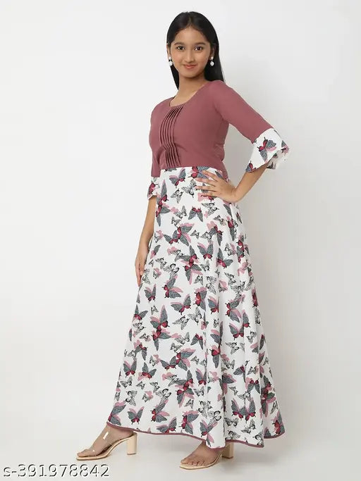 Printed crepe maxi dress for girls (6-15 years), rose floral design, round neck, high-quality, party wear