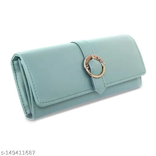 Womens faux leather light blue clutch wallet purse with metal ring